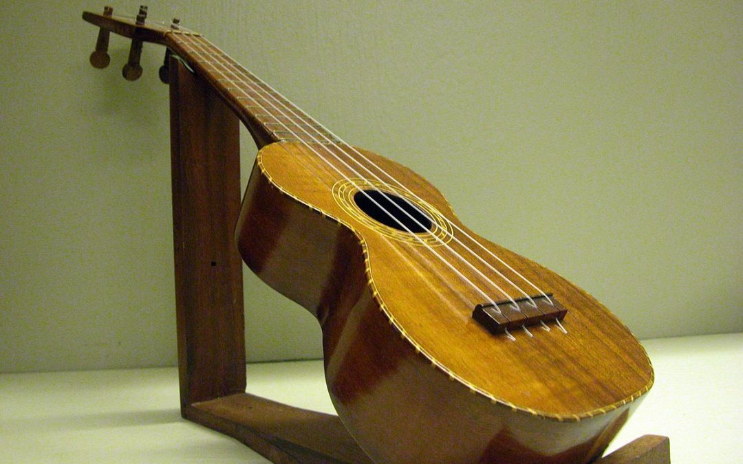 Hawaiian ukulele on exhibit at the British Museum, Honolulu, Hawaii