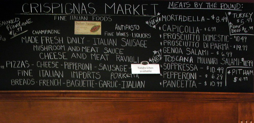 Chalkboard at Crispigna's Italian Market, Iron Mountain, Michigan