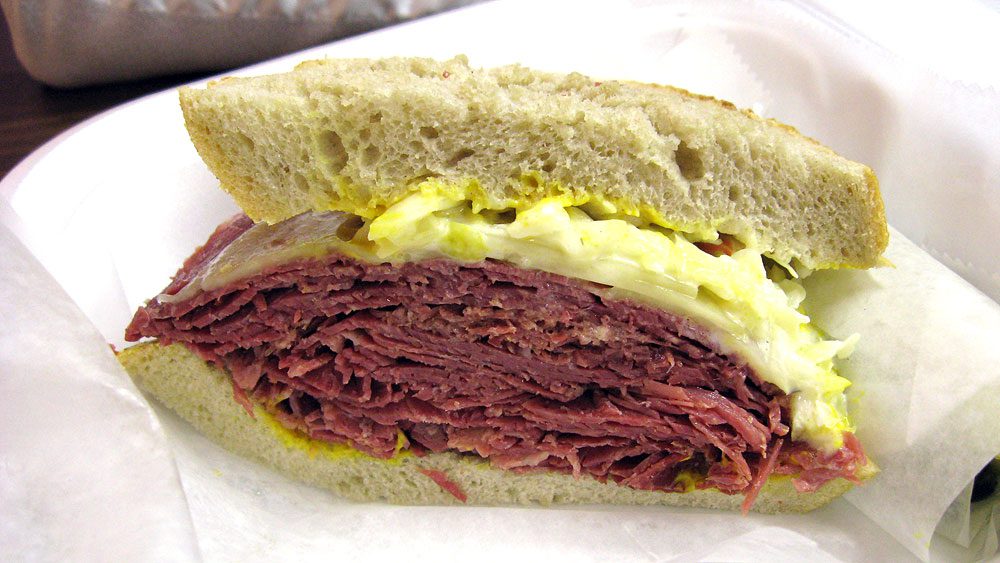 Sandwich: Corned Beef and Swiss Cheese with Cole Slaw and Mustard at Deli Station, Racine, Wisconsin