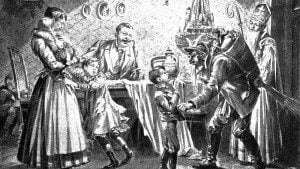 Krampus and St. Nicholas visit children at home in Austria