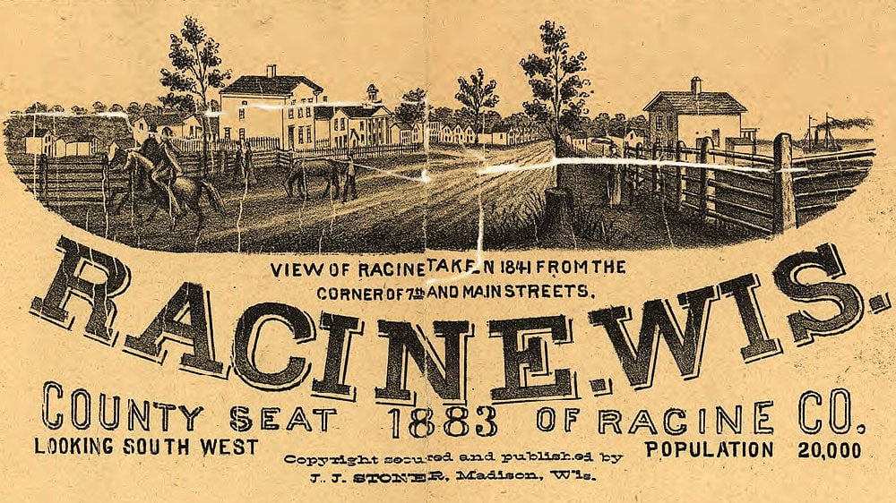 Title detail from 1883 panoramic map of Racine, Wisconsin