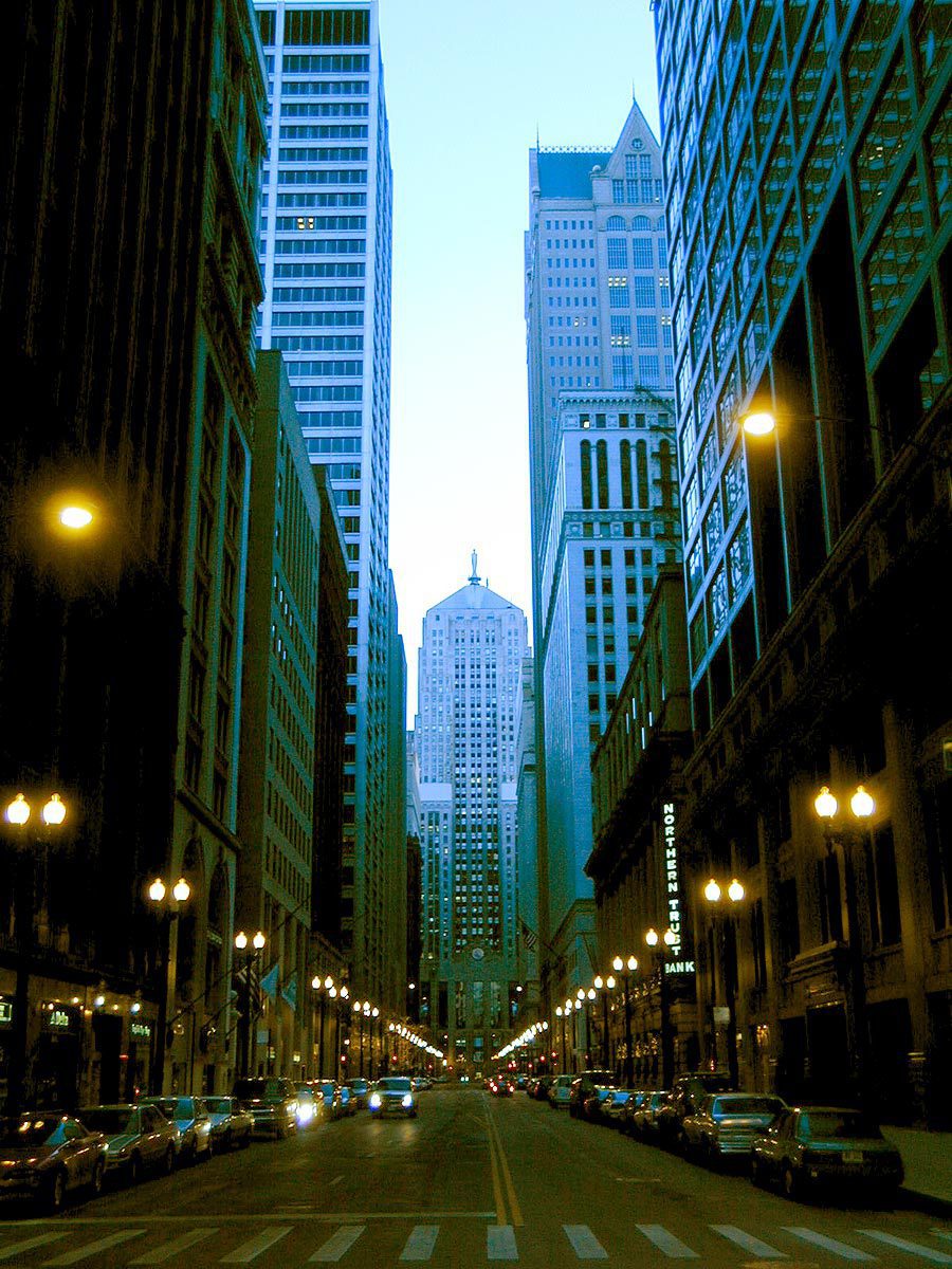 Chicago Board of Trade Building down La Salle St in downtown Chicago, Illinois