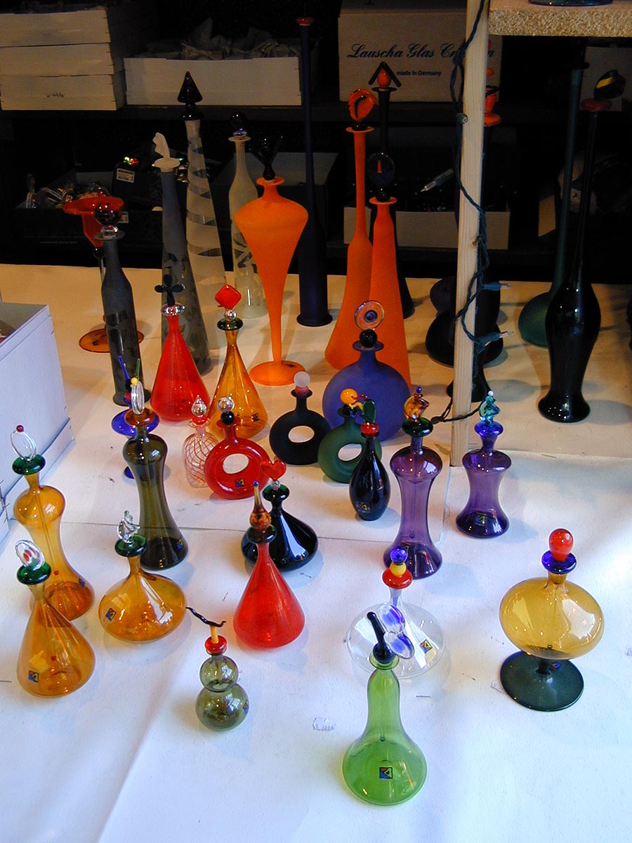 Colored glass bottles with stoppers for sale at Christkindlmarket Chicago