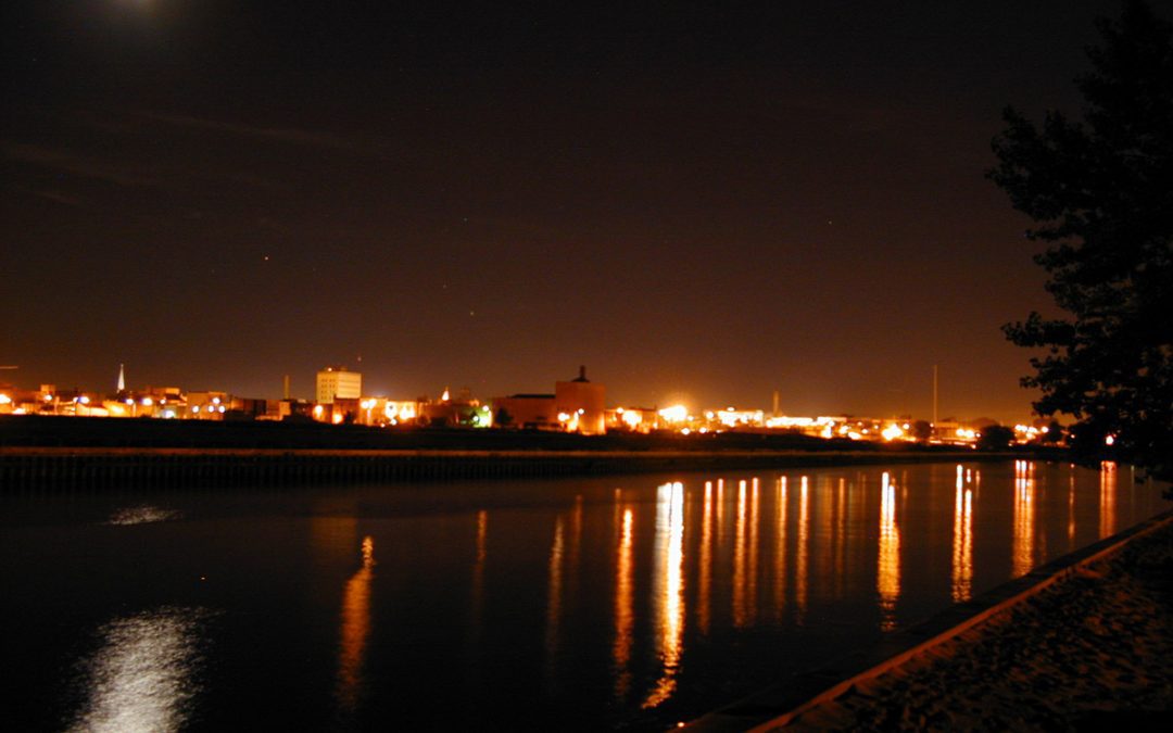 Kenosha, Wisconsin skyline at night from Kenosha's harbor