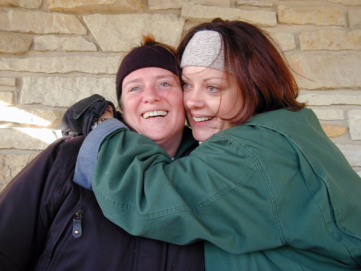 Amy hugging Laurie at Silver Lake Park in Salem, Wisconsin