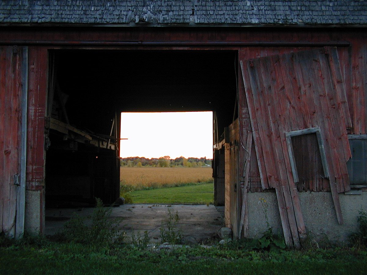 View through old red barn in Kenosha County, Wisconsin