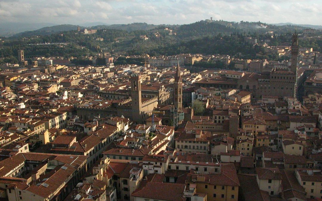 View of Florence, Italy from the top of the Duomo toward the Bargello and the Palazzo Vecchio
