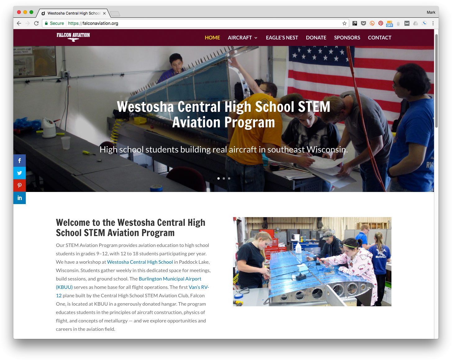 Web design for Westosha Central High School STEM Aviation Project - Salem, Wisconsin