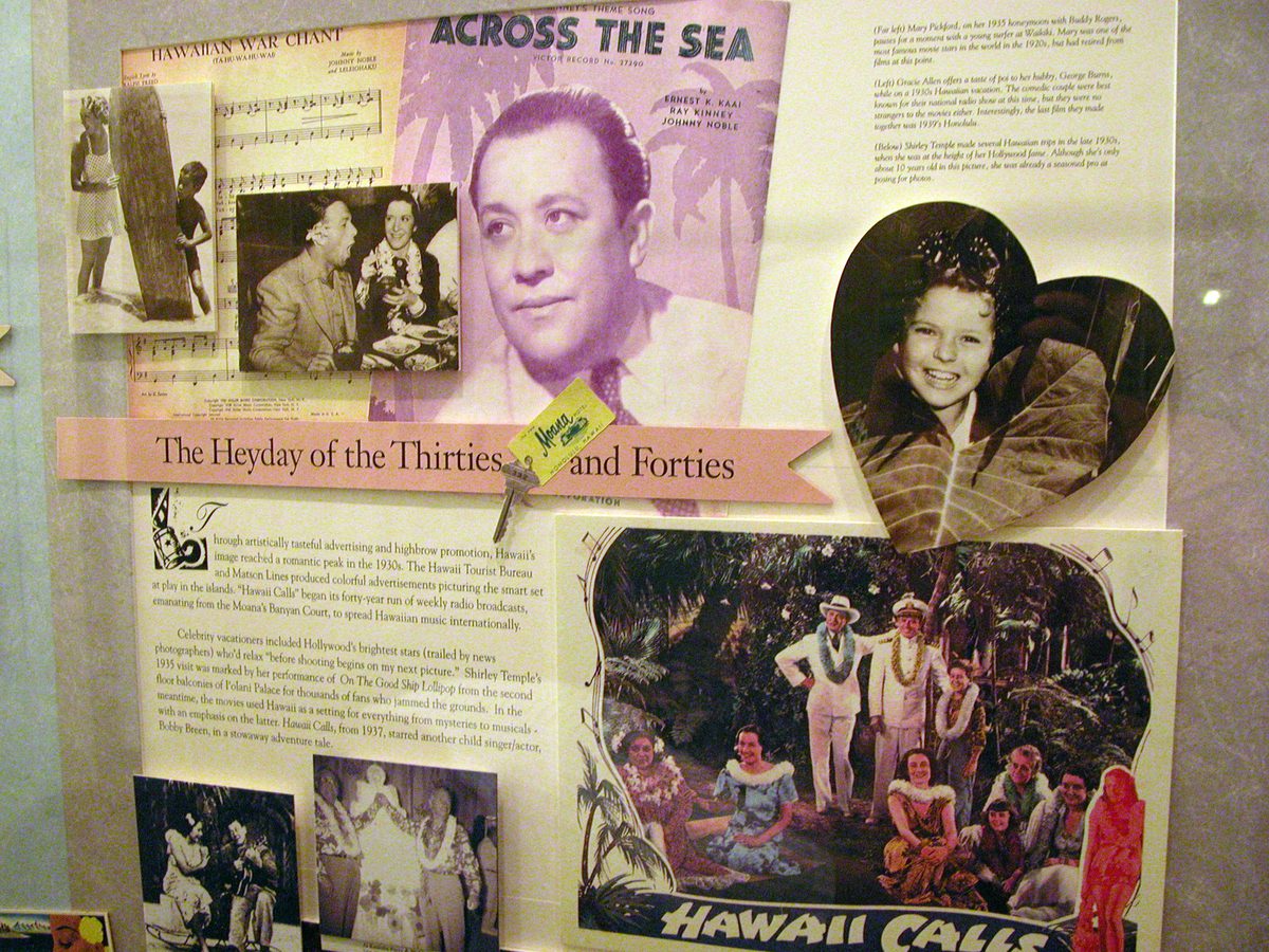 moana-surfrider-history-display Moana Surfrider hotel memorabilia from the 1930s and 1940s