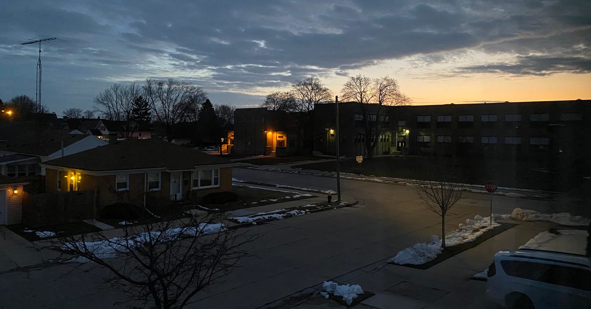 Racine, Wisconsin: Mitchell School at dawn on March 16, 2023.