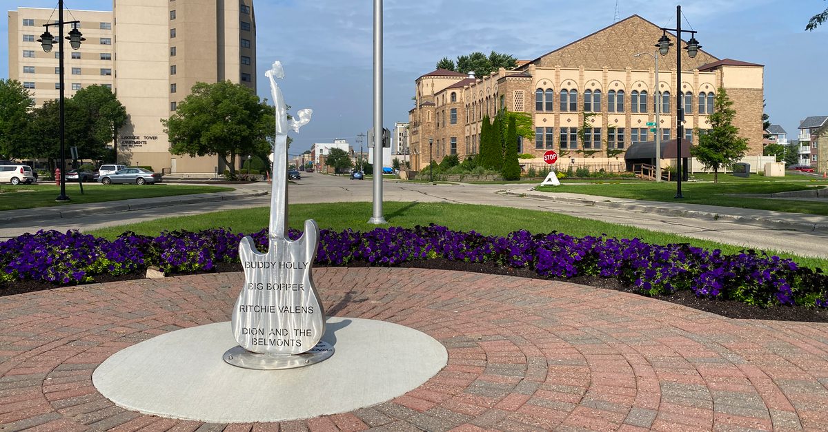 Guitar-shaped monument to the 1959 Winter Dance Party at the Eagles Ballroom in Kenosha, Wisconsin.