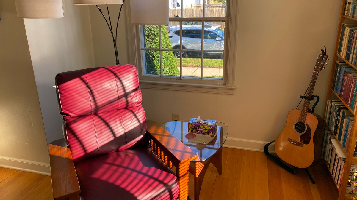 living room with red leather recliner, guitar, and bookshelves