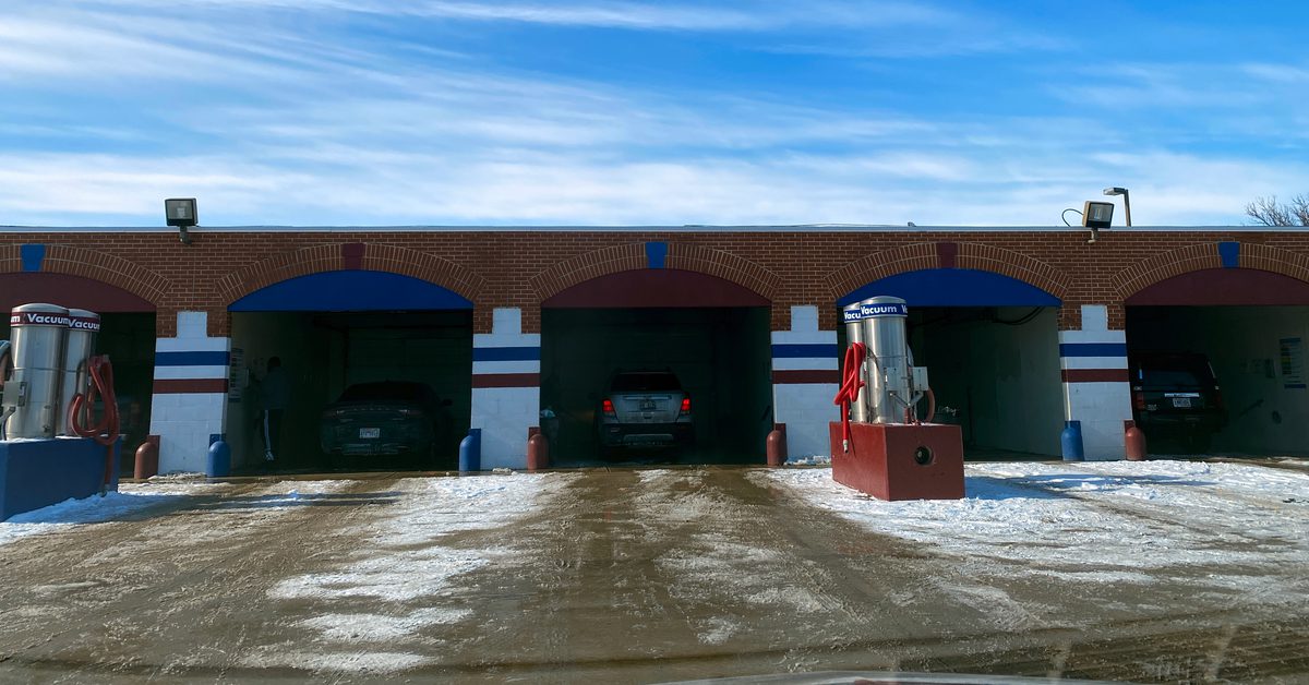 Winter view of wash bays at Regency Car Wash in Racine, Wisconsin
