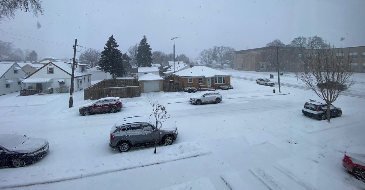 Snowy Webster Street in Racine, Wisconsin in January, 2026