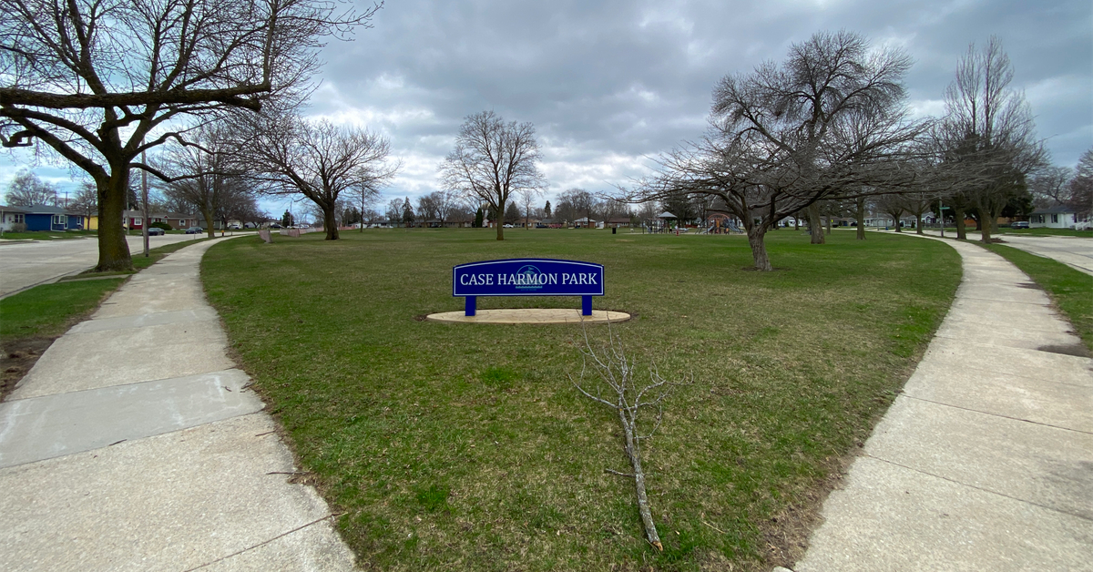 Case-Harmon Park under cloudy skies in Racine, Wisconsin on April 13, 2026