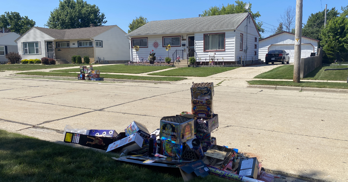 Fireworks refuse piled at the curb in Racine, Wisconsin, July 2026.