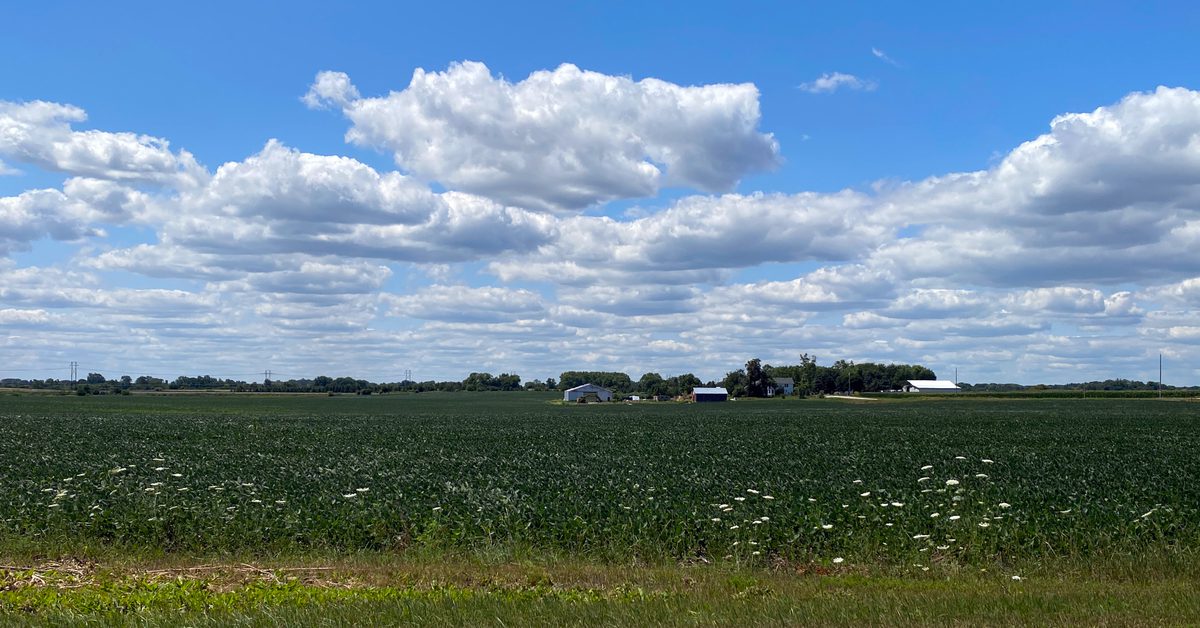 Farmland in Somers, Wisconsin on a partly cloudy day in July 2026.