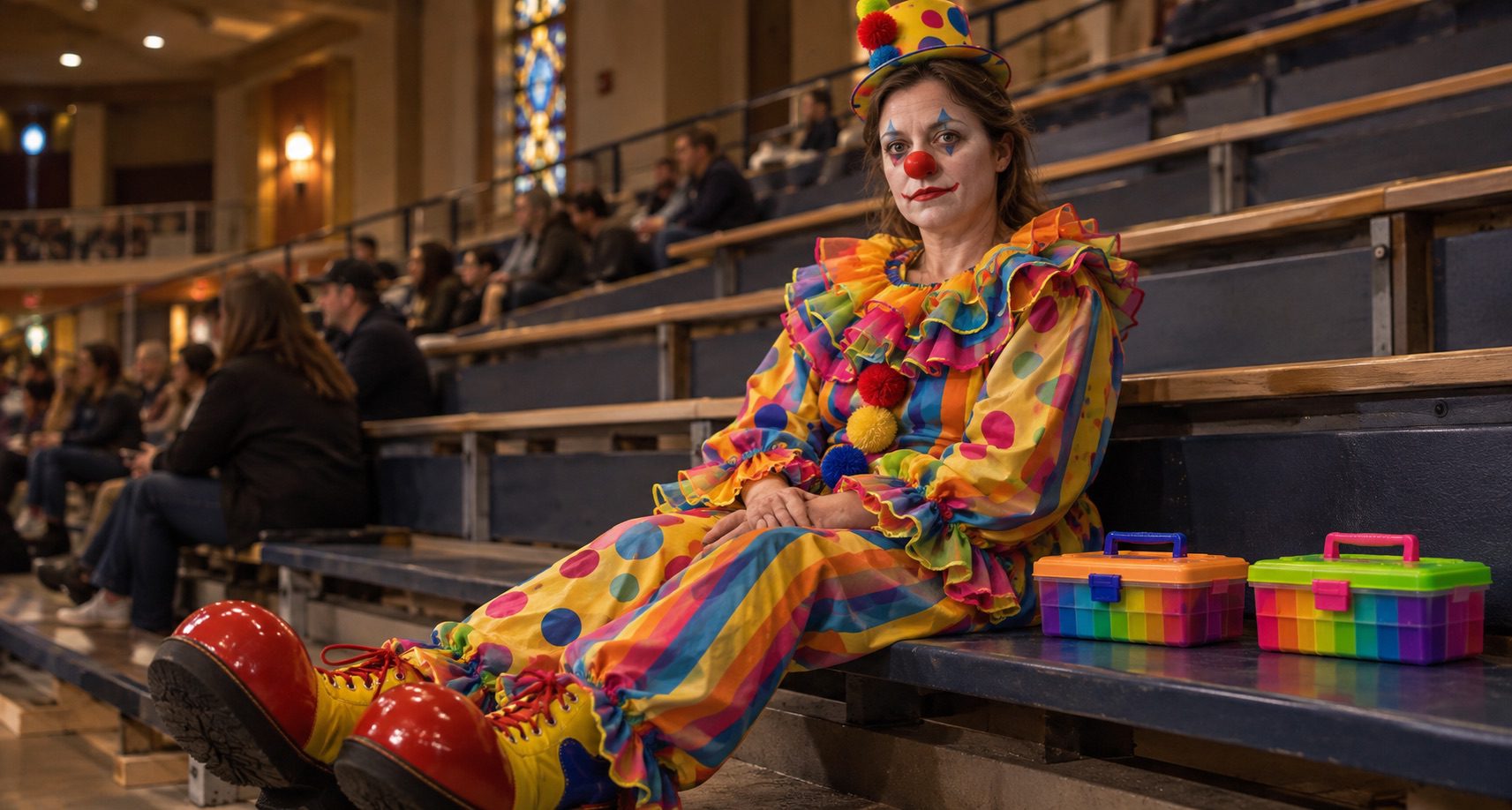 ChatGPT rendering of Amy Czerniec in a clown costume, seating in the bleachers of an auditorium.